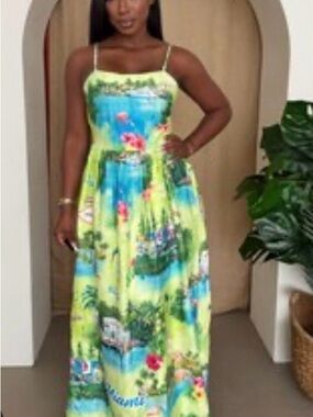 Endless Moon Floral Lime Green and Aqua Maxi Dress
